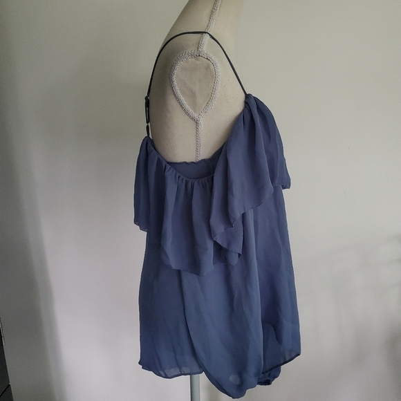 Parker Asymmetric Long Sleeved One Shoulder Blue Ruffle Blouse - Picture 8 of 10